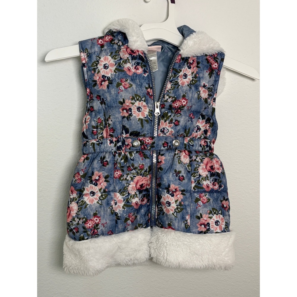 Little Lass Girls Blue Floral Faux Fur Trim Hooded Puffer Vest Size 6X